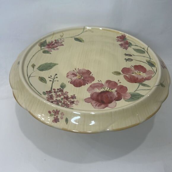 Pfaltzgraff Silk Rose Cake Plate Stand 12 In Round Creamy Yellow Pink Green - Picture 3 of 9